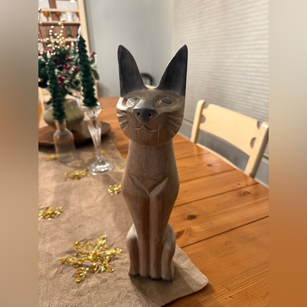 Vintage Mid Century Modern Siamese Cat Wood Figurine Hand Carved Approx 15" Tall